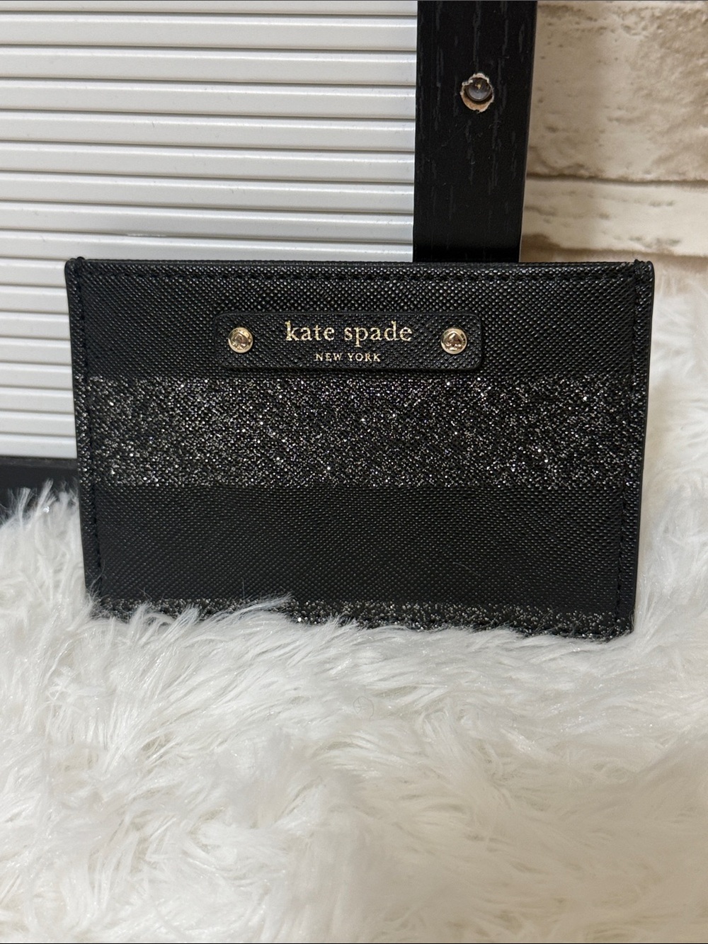 Kate Spade New York Graham Haven Lane Black Glitter Stripe Card Case Wallet